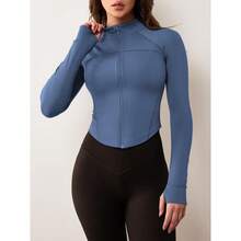 Women's Zip Up Workout Jacket Lightweight Slim Fit Athletic Jacket Cropped Running Gym Tops With Thumb Holes