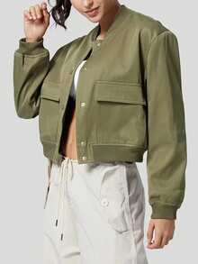 Women's 2025 Autumn/Winter Workwear Jacket With Button Closure, Ribbed Waist, Baseball Jacket, Motorcycle Jacket (With Pockets) - 軍綠色 - 查看 3