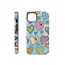 Colorful Hearts Phone Case, Whimsical Style, Blue & Multicolor, Heart Pattern And Hard Two - In - One Film Printing Full Coverage Pattern Phone Case For Apple 16 Pro Max, 15/14 PLUS, 13/12/11 Pro - 白色 - 查看 2