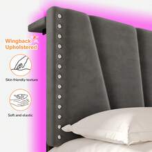 EnHomee Queen/King Size Bed Frame With LED Lights And Charging Station Platform Bed With Storage Headboard Sturdy Wooden Slats Support, Noise-Free, Easy Assembly, Grey - 查看 5