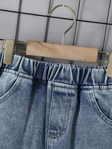 1pc Kids' Casual Tapered Medium Wash Blue Jeans, Suitable For Spring, Summer, Autumn - Medium Wash - View 4