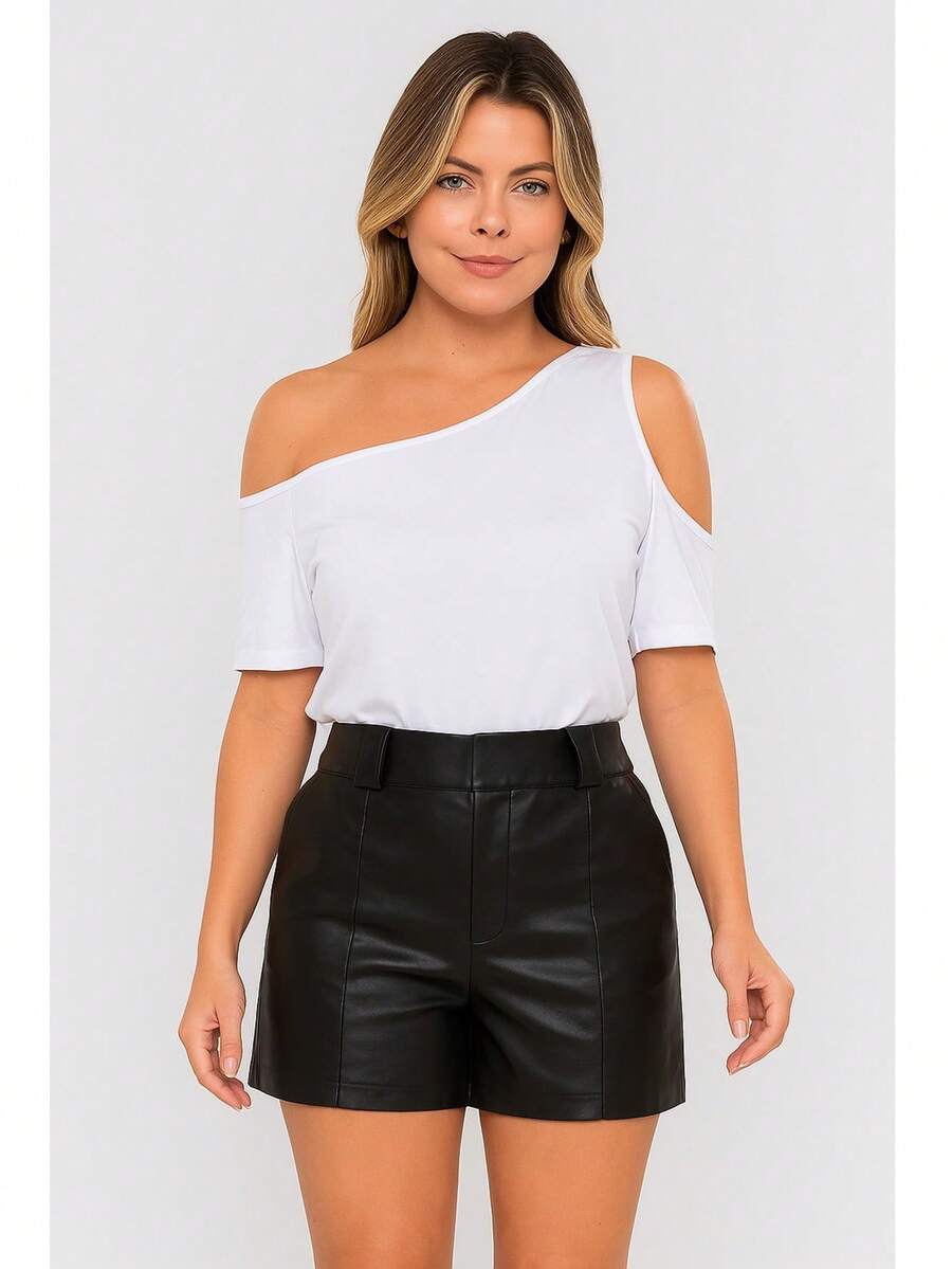 Women's Basic Viscolycra Blouse Round Neck Baby Look Short Sleeve - White - View 1