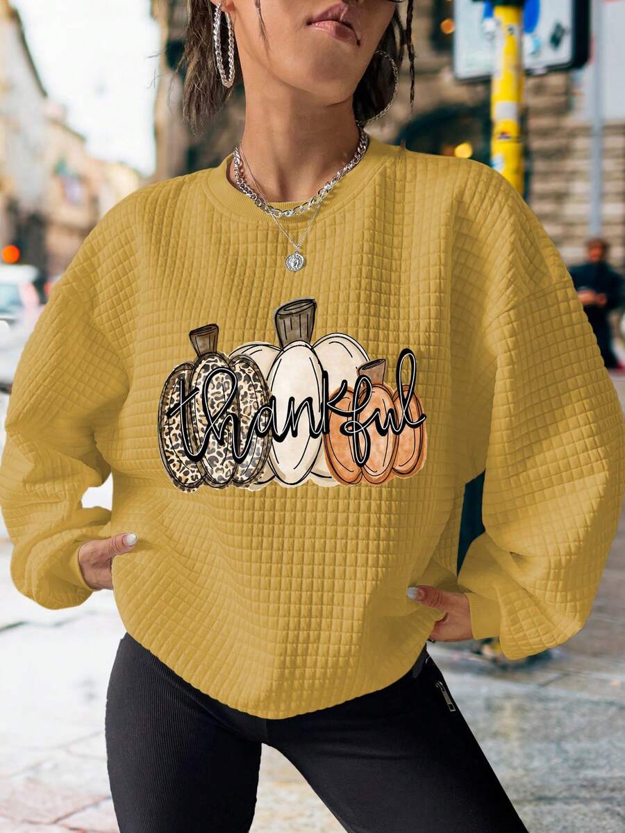 Thanksgiving Graphic Print Casual Sports Waffle Knit Sweatshirt - Yellow - View 1