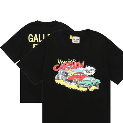 GALLERY D-EPT T-Shirt Car Letter Short Sleeve Men And Women High Street Half Sleeve Car Print Round Neck Loose Men's Tops Round Neck Casual Short Sleeve