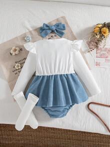 Bộ đồ liền thân tay lửng thêu hoa dễ thương cho bé gái mùa thu/đông màu xanh dương kèm tất họa tiết hoa và băng đô màu xanh - Màu xanh lam - Xem 2