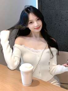 蕾丝拼布针织露肩长袖上衣，仿纽扣开合，性感优雅的女士毛衣，适合外出约会，秋冬 - 杏色 - 查看 5