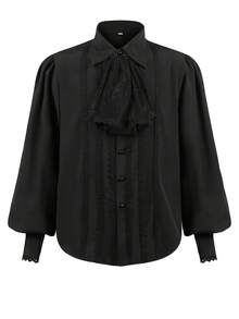 男士优雅蕾丝花边领灯笼袖宽松衬衫，适合工作和通勤，春秋季 - 黑色 - 查看 1