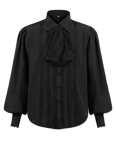 男士优雅蕾丝花边领灯笼袖宽松衬衫，适合工作和通勤，春秋季