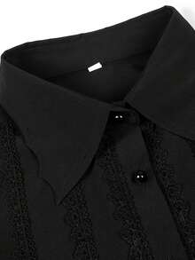 男士优雅蕾丝花边领灯笼袖宽松衬衫，适合工作和通勤，春秋季 - 黑色 - 查看 3