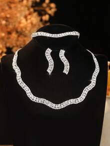 4pcs Luxury Rhinestone Jewelry Set: Necklace, Earrings, Bracelet, Elegant Bridal Wedding Gift, Versatile For Daily, Party, Vacation - Silver - View 3