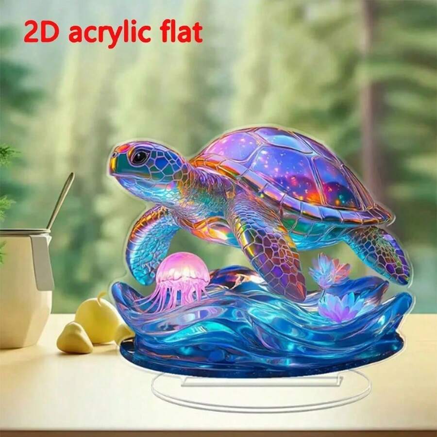 1pc Colorful Sea Turtle & Jellyfish Statue Decor, Ideal Gift For Thanksgiving, New Year, Christmas, Suitable For Desk, Windowsill, Outdoor Use, Multipurpose Home Decor, Birthday, Graduation Gift, 2D Flat 0.3cm Thickness