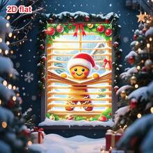 1pc Christmas Decoration Window Banner, Featuring A Gingerbread Man Wearing A Santa Hat, Peeking Through Blinds With A Cheerful Smile, Decorated With Christmas Ornaments, Holly Leaves, And Bows, Conveying The Whimsical And Joyful Spirit Of Christmas, 47.2x31.5 Inch Polyester Window Valance Decor Holiday Background Window Banner For Indoor Photo Display
