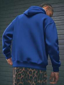 GRDR Men's Casual Street Hooded Sweatshirt, Solid Color With Thermal Lining, Loose Fit, Autumn/Winter - Royal Blue - View 7