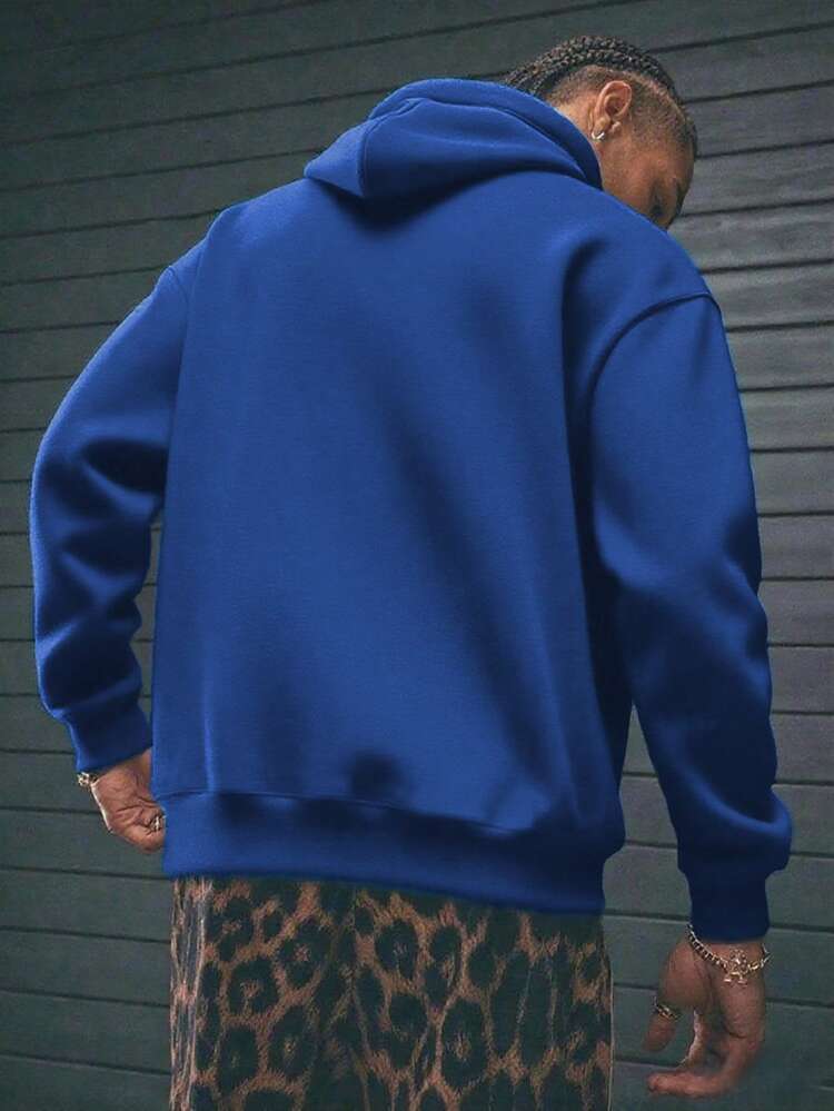 GRDR Men's Casual Street Hooded Sweatshirt, Solid Color With Thermal Lining, Loose Fit, Autumn/Winter - Royal Blue - View 6
