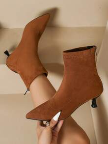Women's Pointed Toe High Heel Ankle Boots, New Small Kitten Heel Faux Suede Boots For Winter - Brown - View 2