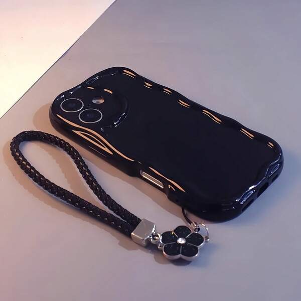 1 pezzo Custodia per telefono novità con elemento nuvola antiurto, bordo ondulato 3D, texture cremosa trasparente, con ciondolo a fiore e cinturino da polso, compatibile con iPhone 11/12/13/14/15/16, 16/15/14/13/12/11 Pro Max, XS/XR/X/7/8/Plus, versione internazionale impermeabile, antiurto, anti-caduta, resistente ai graffi, primavera