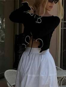 Women's Tie Front Knit Cardigan Solid Color/Contrast Color Long Sleeve Ruffled Cropped Sweater - Black - View 3