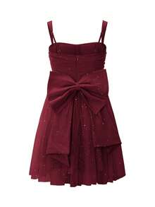 Unadoll Women's Camisole Pleated Bow Design With Sparkling Fabric Zipper Short Dress, Suitable For Dress For Wedding,Christmas , Party, Cocktail Party Dresses