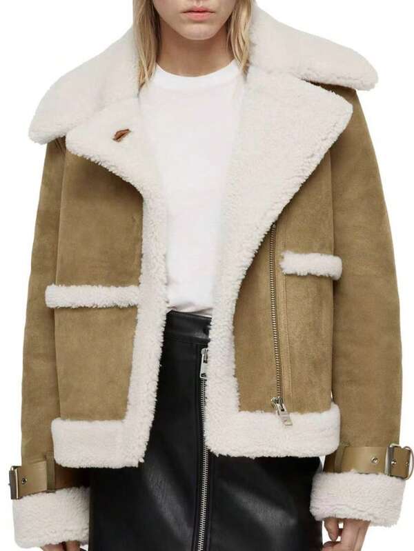 2025 Autumn & Winter Must-Have! Stylish & Warm Khaki Lamb Wool Coat, Lapel Double Zipper Design, Super Eye-Catching Faux Fur Patchwork