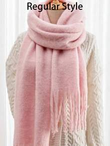 1/2 Khăn choàng cổ màu trơn, ấm áp mùa đông, khăn choàng len dệt kim dày tua rua, có thể đeo - Màu Hồng baby - Xem 9