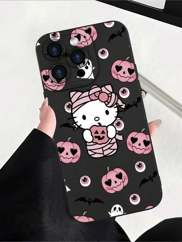 Sanrio 1 pezzo Custodia morbida per telefono personalizzata con motivo di zucca rosa, fantasma e pipistrello di Hello Kitty per Ognissanti, adatta come regalo per fidanzata, migliore amica, moglie, coppia, zia, capo, sorella, compagni di classe, insegnante, compleanno o festa, protezione completa opaca nera, anti-polvere e impermeabile, compatibile con 13/17/16/15/14/13/12/11/Pro/ProMax/X/XR/XS/XSMAX/7/8/PLUS e modelli