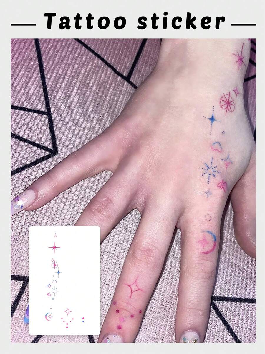 1片梦幻星夜指尖星系彩色星星月亮精致临时纹身贴纸,防水防汗,可持续1-3天,女生必备单品 - 彩色 - 查看 1