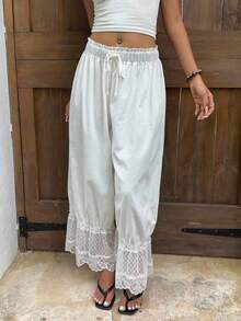 Women Lace Trim Long Bloomers Elastic Mid Rise Ruffle Pantaloons Cropped Flared Slips Pants - 白色 - 查看 2