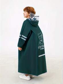 儿童带帽雨衣，带背包储物空间 - 绿松石色 EVA 全身雨衣，适合男孩和女孩，可重复使用，弹性袖口，拉链闭合，小熊和“RAIN BEACH”图案，非常适合上学、户外活动和休闲穿着。