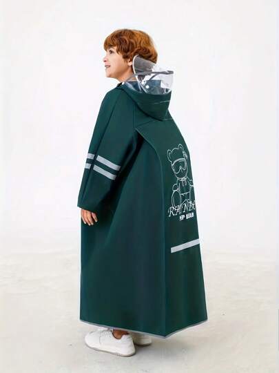 儿童带帽雨衣，带背包储物空间 - 绿松石色 EVA 全身雨衣，适合男孩和女孩，可重复使用，弹性袖口，拉链闭合，小熊和“RAIN BEACH”图案，非常适合上学、户外活动和休闲穿着。