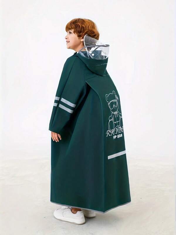 Youngsters' Hooded Raincoat With Backpack Space - Turquoise EVA Full-Body Rain Poncho For Boys & Girls, Reusable, Elastic Cuffs, Zipper Closure, Bear & "RAIN BEACH" Design, Perfect For School, Outdoor Activities & Casual Wear