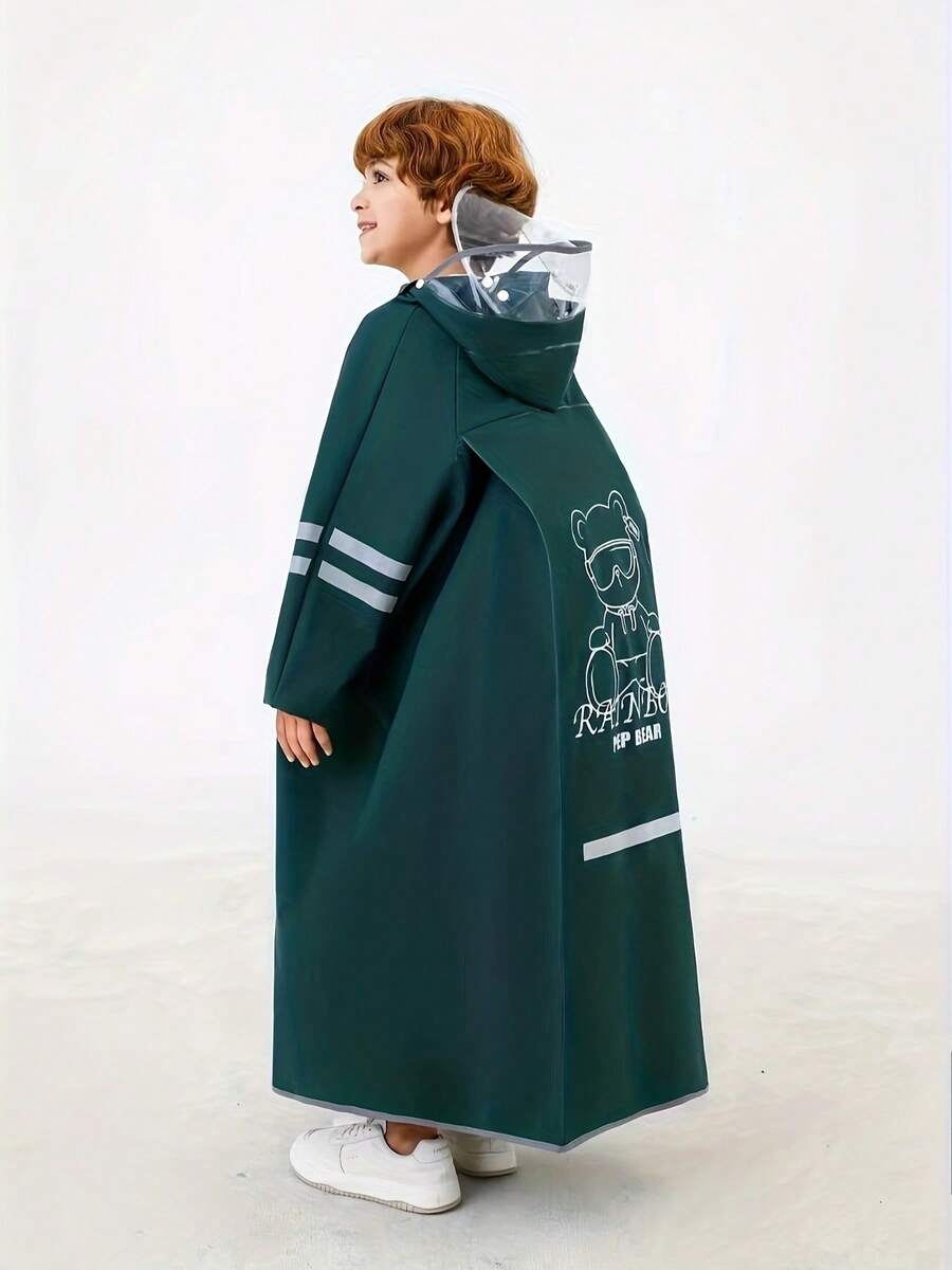 儿童带帽雨衣，带背包储物空间 - 绿松石色 EVA 全身雨衣，适合男孩和女孩，可重复使用，弹性袖口，拉链闭合，小熊和“RAIN BEACH”图案，非常适合上学、户外活动和休闲穿着。