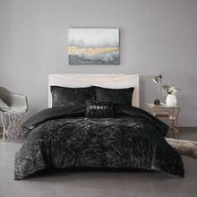 Felicia Luxe Comforter 天鹅绒豪华双面钻石绗缝现代四季床上用品套装带配套枕套、装饰枕头，3 件套 - 黑色 - 查看 1