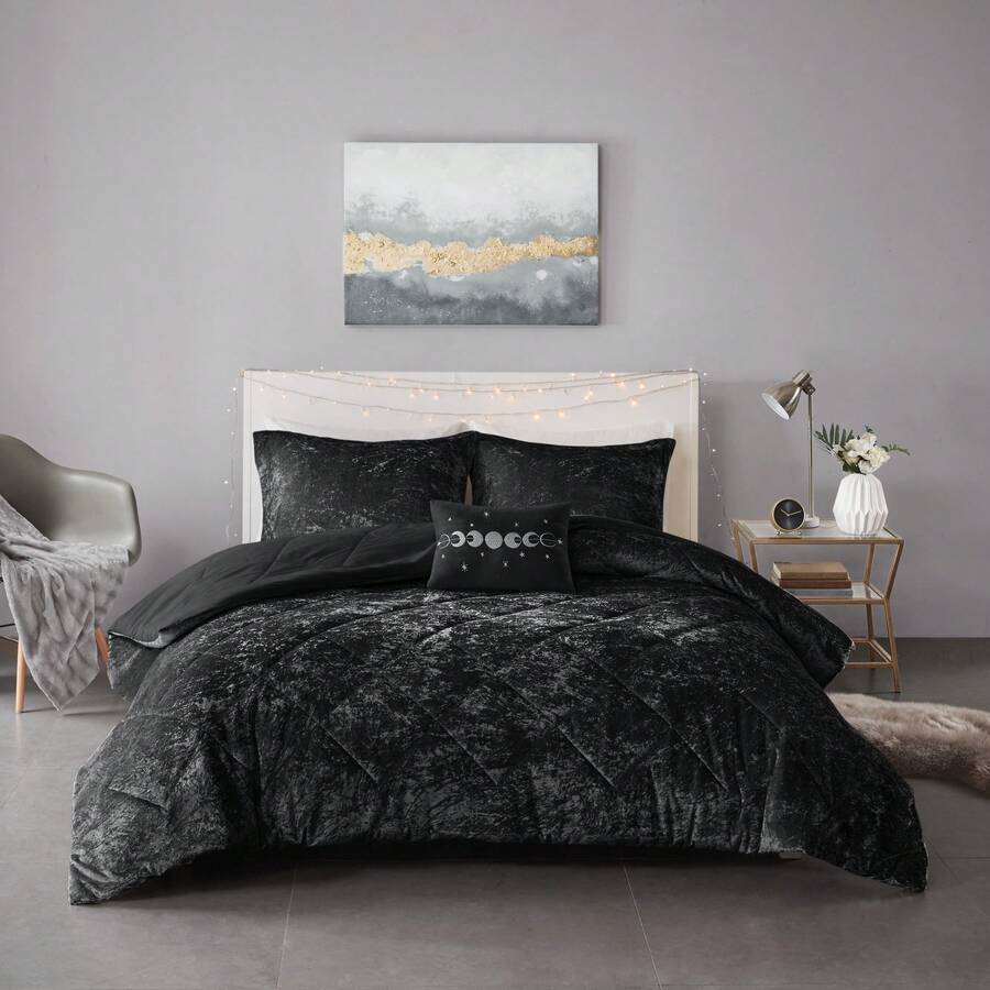Felicia Luxe Comforter 天鹅绒豪华双面钻石绗缝现代四季床上用品套装带配套枕套、装饰枕头，3 件套 - 黑色 - 查看 1