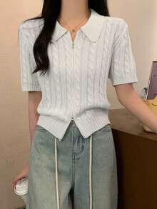 Áo len cardigan cổ polo bó sát mùa hè cho nữ, áo len dệt kim ngắn giúp thon gọn - trắng - Xem 3