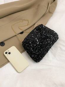 Bolso de hombro pequeño con lentejuelas de moda, bolso cuadrado pequeño con cadena para mujer, lentejuelas - Negro - Ver 7