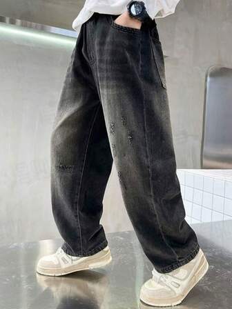 Teenage Boys' Relaxed Fit Distressed Black Jeans, Loose Wide Leg Faded Black Denim Pants, Spring/Autumn 2025 New Arrival