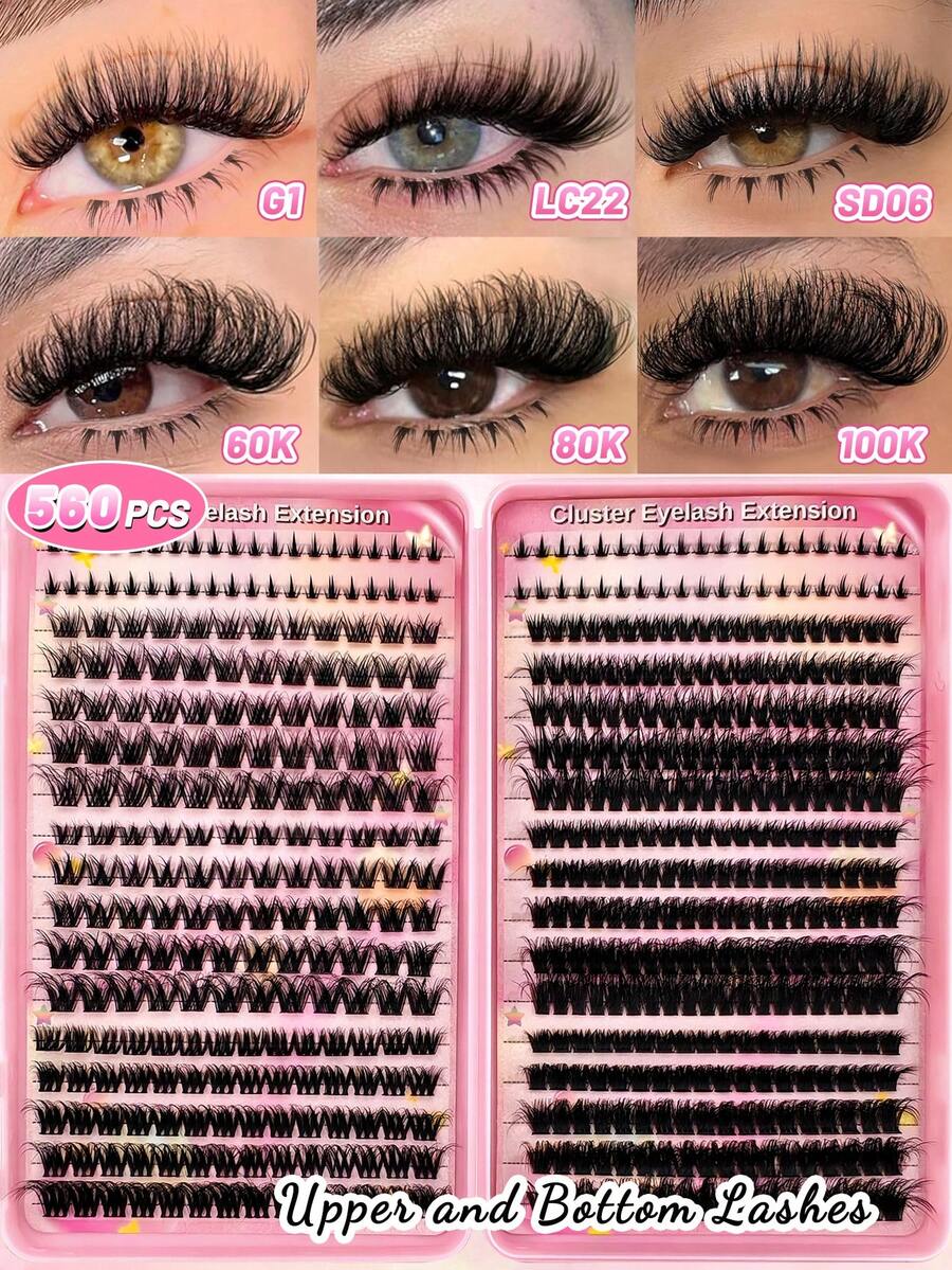 560pcs D Curl Fluffy Lashes Cluster Lash Extension Kit With 80pcs Bottom Lashes And 6 Styles Mixed 8-16mm Length Mixed Fluffy 60D+80D+100D Individual Lashes Cluster Segmented Spikes D Curl Eyelash Extension - D - View 1