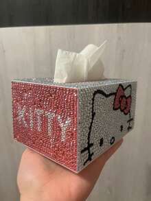 Sanrio 1 件  DIY 水钻彩绘纸巾盒闪亮圆形方形水钻设计粉色和白色格子图案非常适合家居装饰和汽车收纳水钻彩绘收纳礼物生日毕业