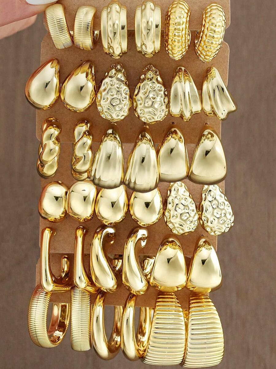 (Paper Card Colors Are Random )36/18/2pcs Geometric Textured Teardrop Golden Fashion Bohemian Style Earrings, Suitable As Gifts For Family And Friends For Holidays