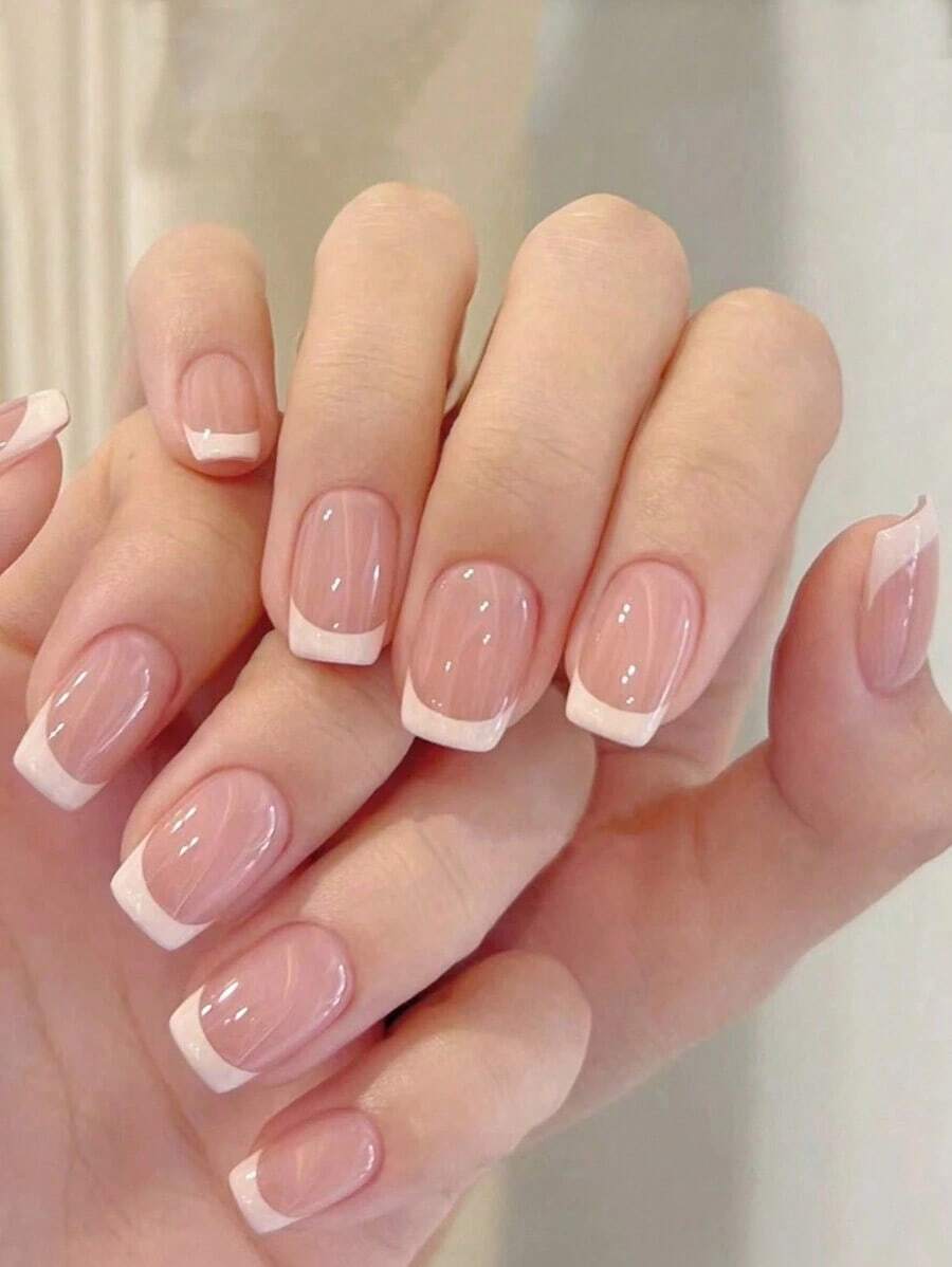 24pcs Short Square Shape Nail Tips With Minimalist Color Block & Fun Print Designs, Including 1pc Nail File & 1pc Jelly Glue Press On Nails Nail Supplies - Màu Hồng baby - Xem 1