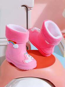 2025 New Children's Mid-Calf Rain Boots, Thick Warm Durable Rubber Boots, Cute Cartoon Plush Fabric High-End Rain Shoes For Boys And Girls, Elementary School Students, Fresh Style Mid-Calf Rain Boots, Sturdy And Waterproof, Anti-Slip