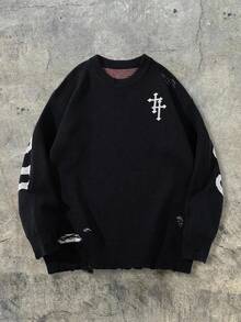 ANDREILEE 男女通用抽象深色十字蜘蛛网图案做旧宽松套头针织衫，休闲通勤百搭，春秋冬季 - 黑色 - 查看 2