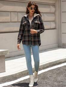 Áo khoác nhẹ có mũ kẻ caro dành cho nữ, Xuân/Thu - màu đen - Xem 3