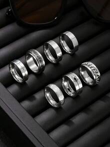 5/7 件时尚不锈钢十字蜘蛛文字罗马字符装饰元素男士戒指套装适合男女日常搭配使用节日首饰约会订婚结婚礼物首饰