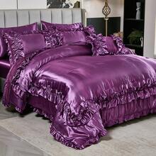8 Pieces Satin Comforter  Set Queen/King Size Bed In A Bag Silky Bedding Set For Bedroom Decor Girls Pink Ruffled Comforter Set With Sheet Set Soft And Luxury Bedding Comforter Set Thread Count 1000 Silk Like Satin Bedding Set For All Seasons - Purple - View 1
