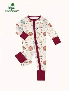MIOZING Farm Animal Print Baby Romper Children Clothing, Bamboo Fiber Fabric,Infant Footed Jumpsuit,Toddler Outfit,Zipper Closure Cute Farmhouse Animals,Cow,Horse,Sheep,Pig,Chicken,Windmill Print,Barnyard Graphics,Cozy,Unisex Baby Apparel - 酒紅色 - 查看 2
