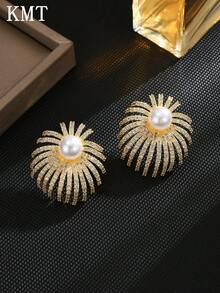 KMT 2pcs Copper Alloy Inlaid Cubic Zirconia & Faux Pearl Exquisite Sparkling Geometric Exaggerated Elegant Women's Fashion Earrings, Suitable For Banquet, Party, Engagement - Fireworks - View 6