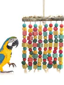1 pieza Juguete grande para loro, juguete de masticado y mordido de madera de café natural con cuerdas de cuentas de colores, accesorio duradero para jaula de pájaros para estimulación mental e interacción divertida, juguete para loros, diseño alegre, estructura resistente (todos los colores de los accesorios se ensamblan aleatoriamente)