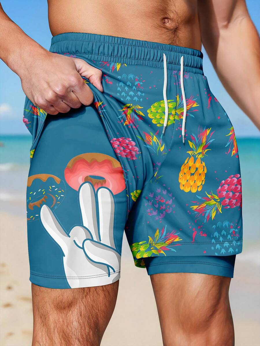 Men's Fashionable Pineapple & Donut Print Double Layer Beach Shorts - Blue - View 1