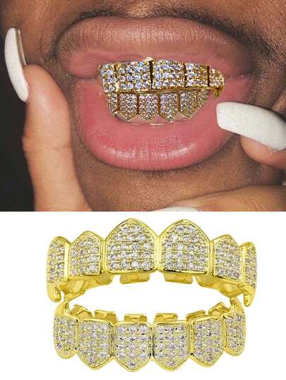 1 Set Shiny 6-Tooth Copper Micro-Inlaid Zirconia Metal Punk Fang Tooth Jewelry, Funny Halloween Accessory, Fashionable Stage Prop, Unisex